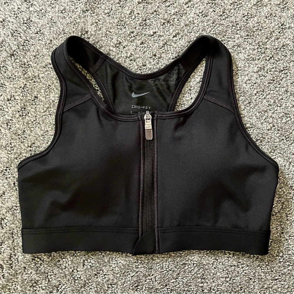 Nike Dri-FIT Black Sports Bra Front Zip Racerback Medium Support Gym Workout
